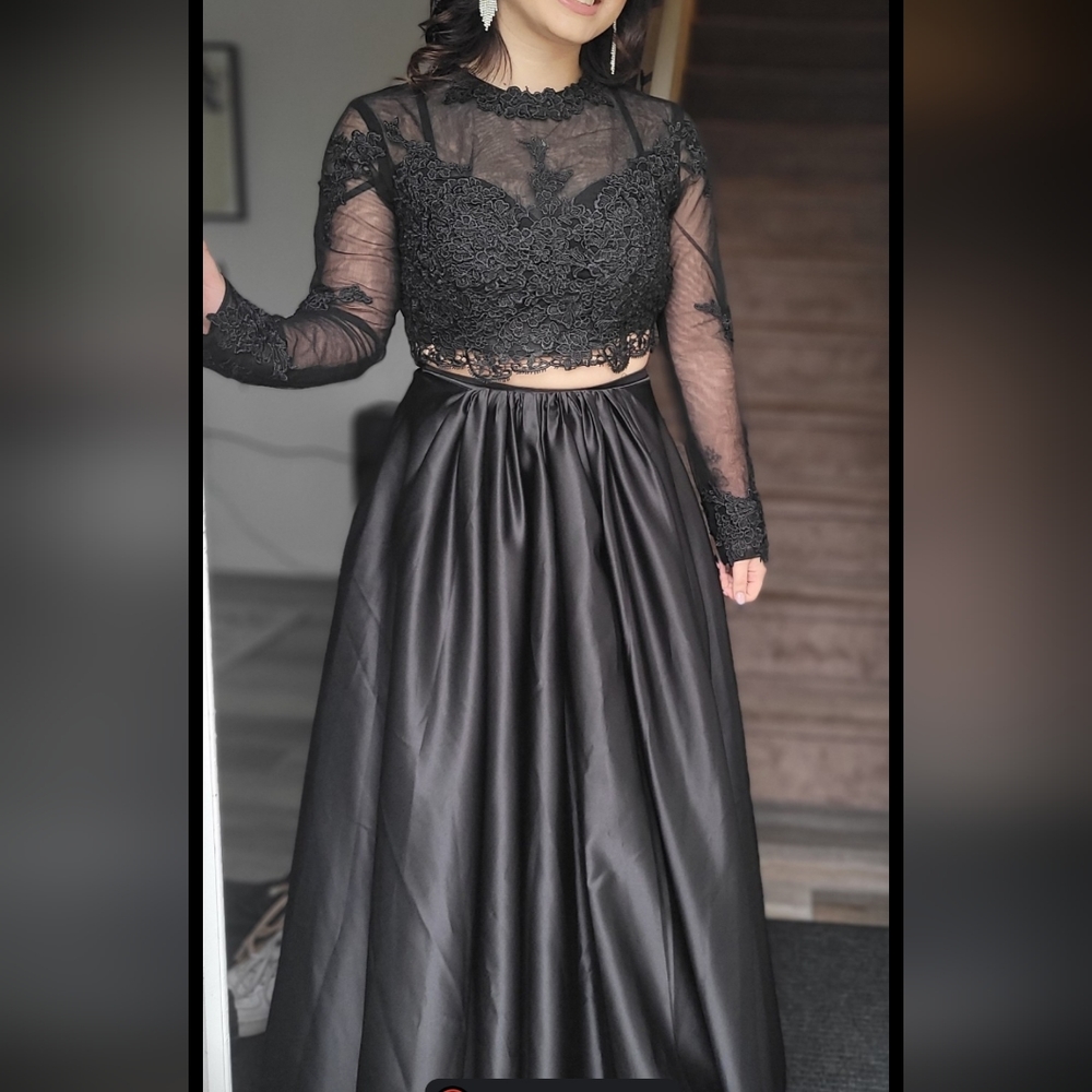 COPY - A line black long sleeve 2 pc satin prom dress